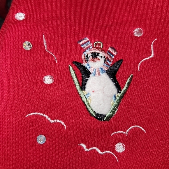 Quacker Factory Red Vintage Christmas Embroided Pingouins Cardigan Sweater S - Picture 7 of 11